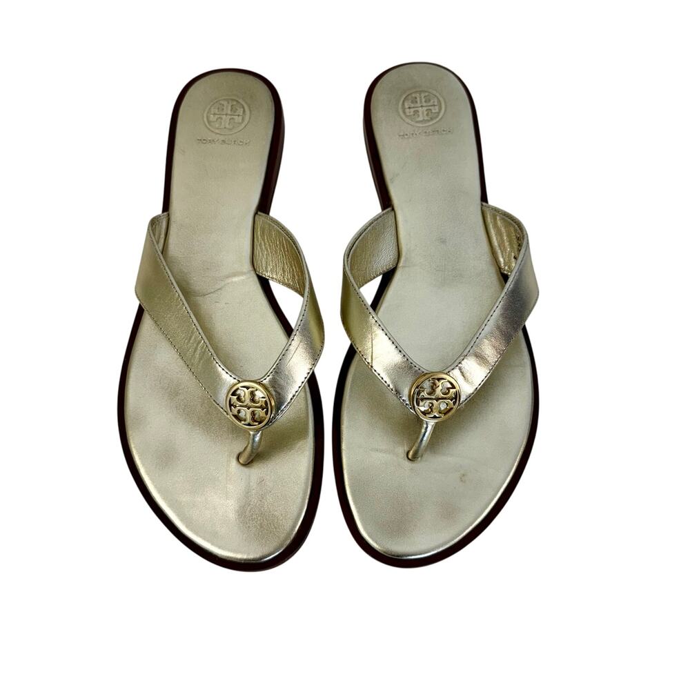 Tory Burch Benton Spark Gold Metallic Leather Thong Slippers Sandal US 10M